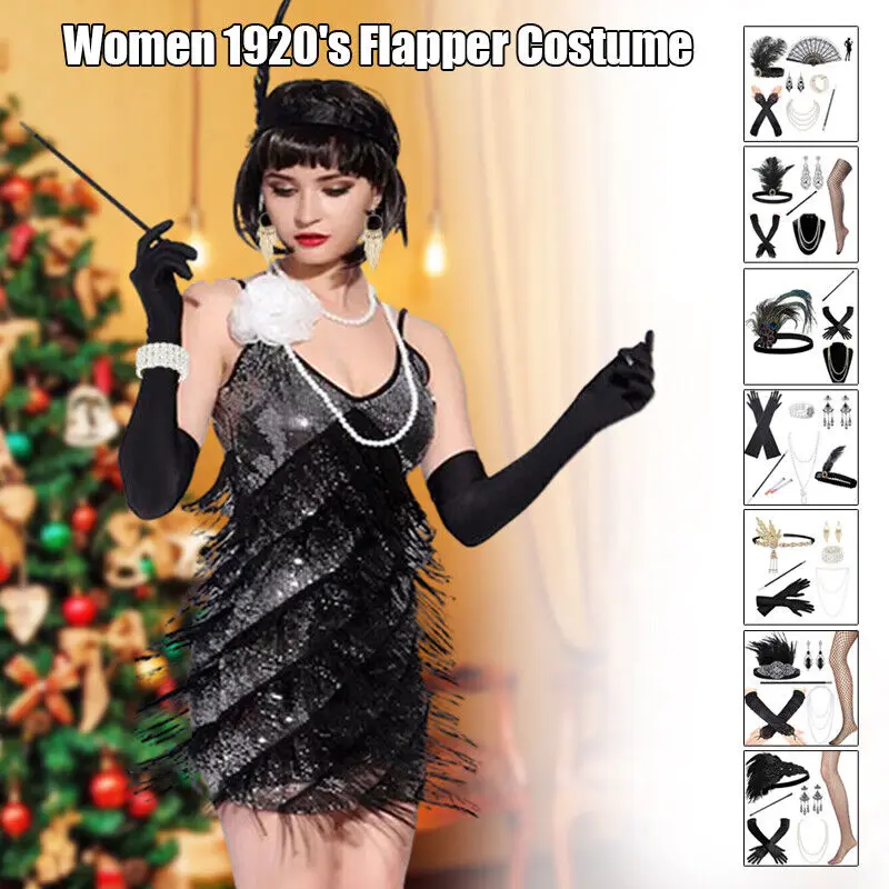 Flapper Charleston Costume Set Girl, Vestido extravagante, Costume Accessories, Colar de pérolas, Luvas, Pinos de cabelo, Cosplay Set, Capacete, 1920