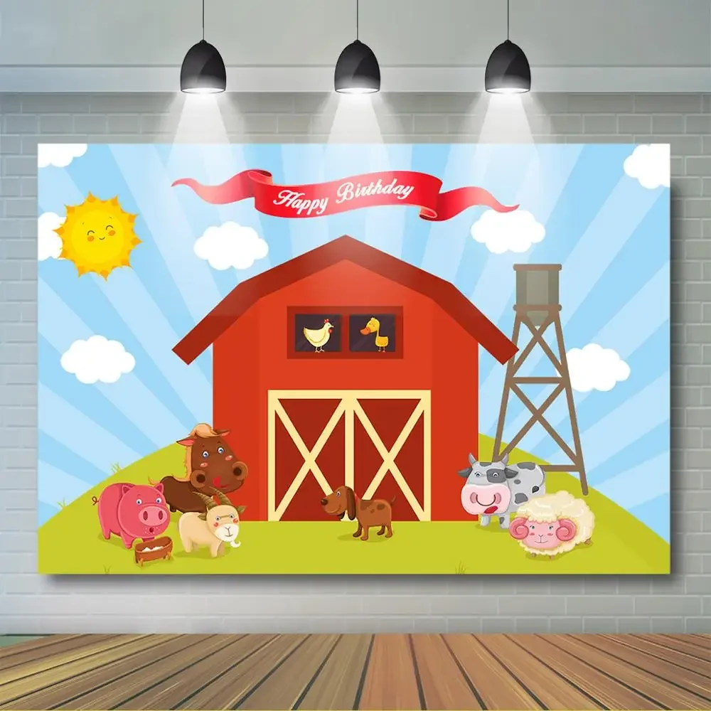 만화 농장 생일 배경 빨간색 농장 앞마당 베이비 샤워 배경 농장 동물, 어린이 생일 파티 배너 장식