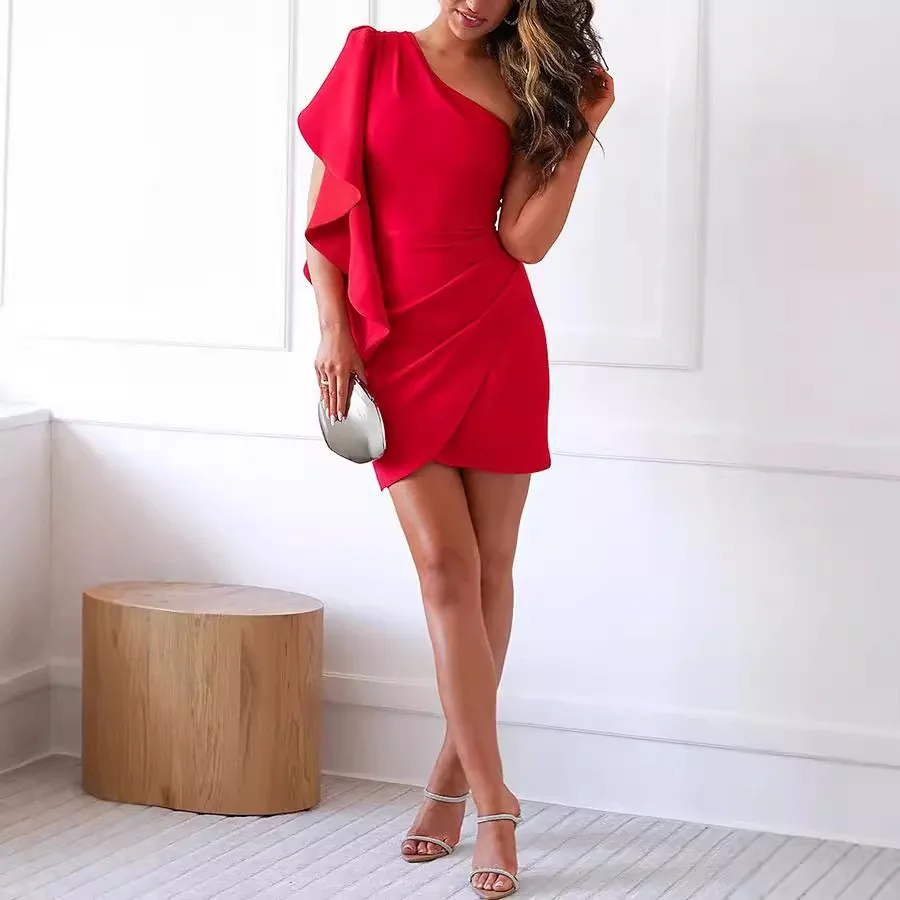 Elegant Wedding Guest Dress Ruffle Sleeve Pink Dresses High Waist Solid Color Evening Dress Asymmetrical Hem Party Dress