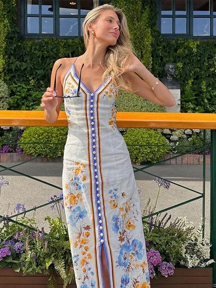 

Sexy Printed Hanging Neck Long Dress Women Fashion 2024 Summer Sleeveless Backless Female Maxi Dresses Vacation Beach Lady Robes