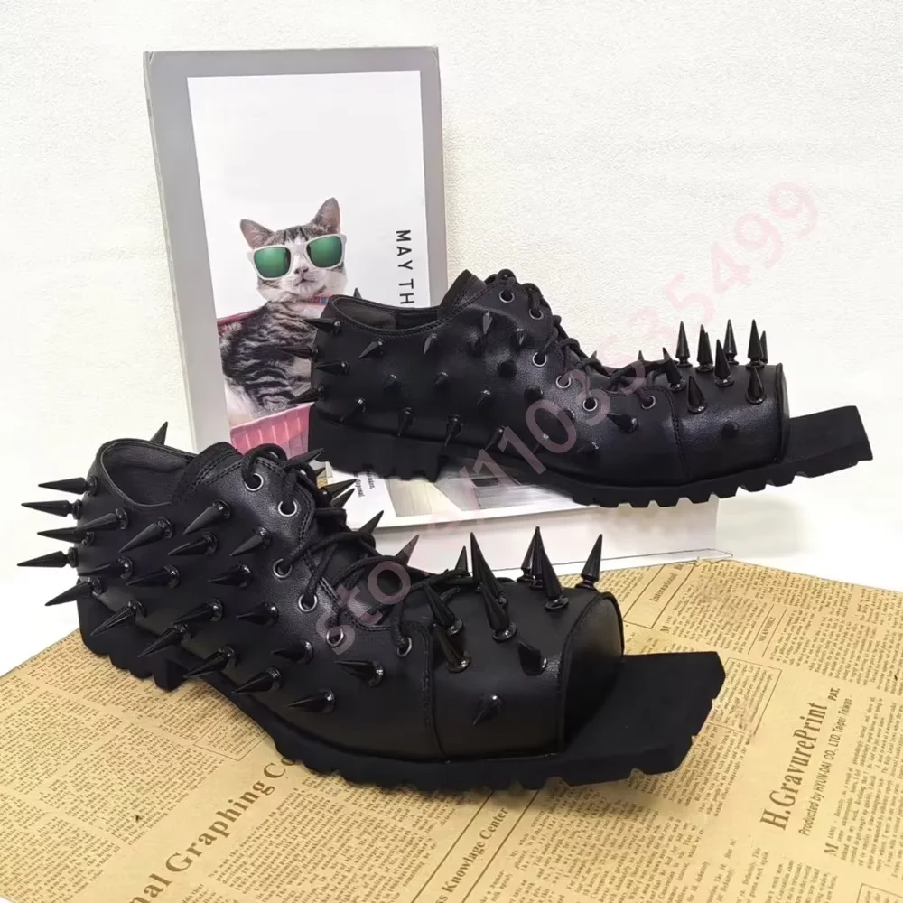 Women's Black Leather Hog Toe Boots Punk Y2K Chunky Heel Lace-Up