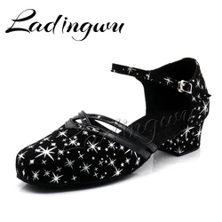 Ladingwu 2022 New Suedel And PU Square Heel Latin Dance Shoes Women's Salsa Black Women Shoes Low Heel Dance Shoes Soft Bottom 3