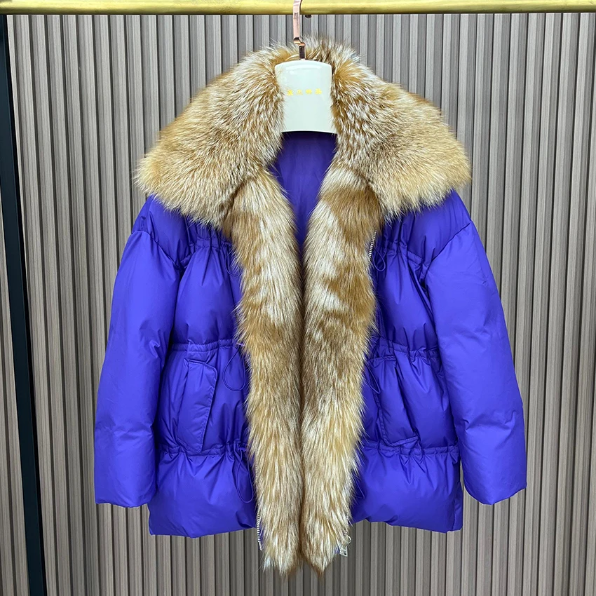 Casacos grossos de ganso quente para mulheres, colarinho de pele de raposa natural, outwear feminino, puffer jaquetas, nova moda, inverno