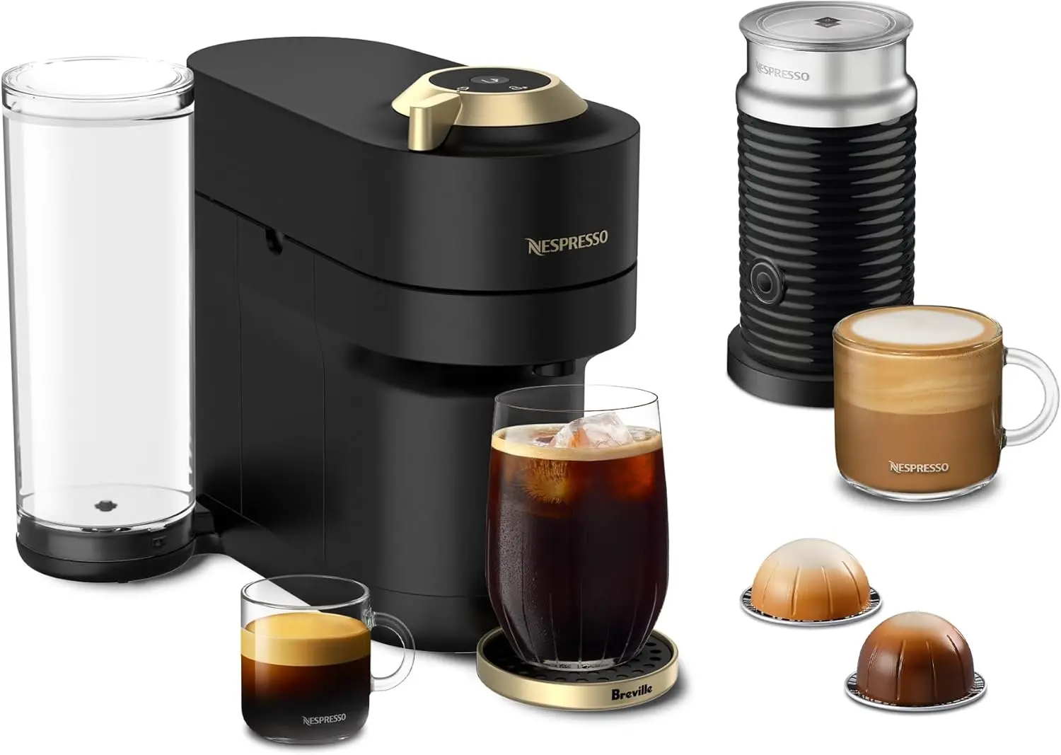 Limited-Edition Vertuo Pop+ Deluxe Coffee and Espresso Maker by Breville with Milk Frother, Matte Black Gold