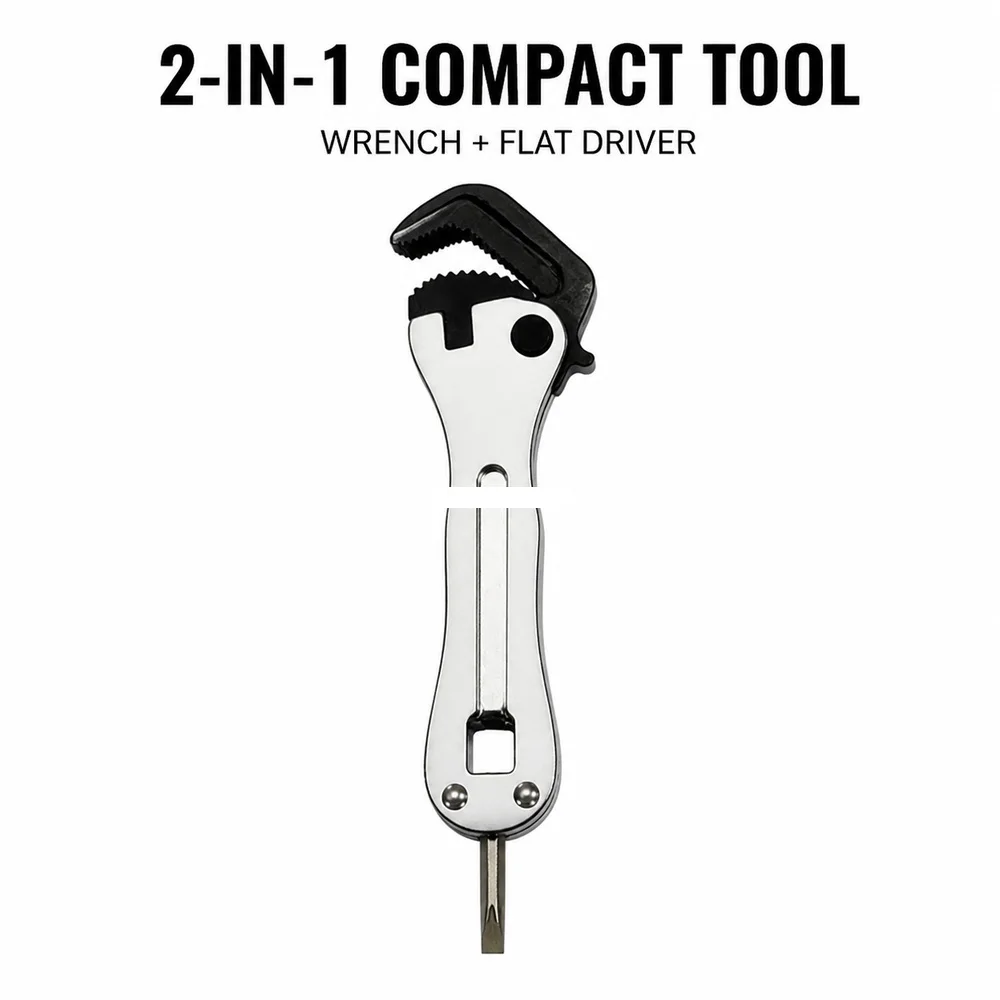 Compact Self Adjusting Micro Wrench 2 in 1 Pocket Hand Tool with Serrated Jaw Flat Driver for Nuts Bolts Auto Repair DIY Repairs