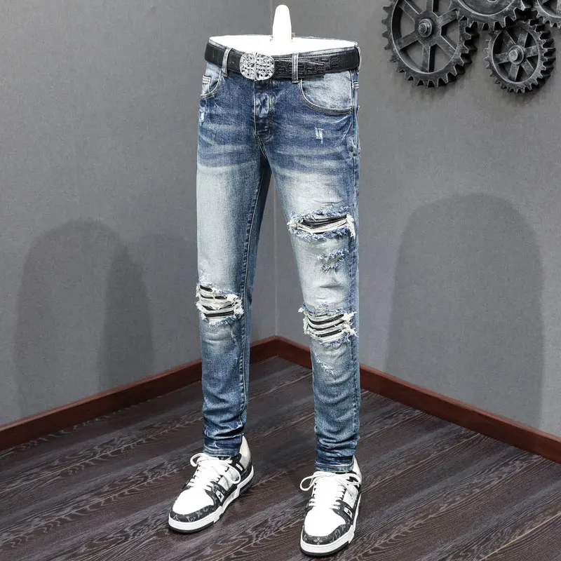 

Street Fashion Men Jeans Retro Washed Blue Stretch Skinny Fit Ripped Jeans Men Leather Patched Designer Hip Hop Brand Pants