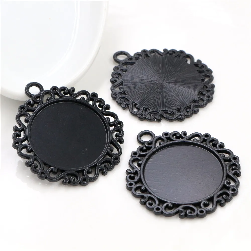 New Fashion 5pcs 25mm Inner Size Black Antique Silver Plated Classic Flower S Style Cabochon Base Setting Charms Pendant
