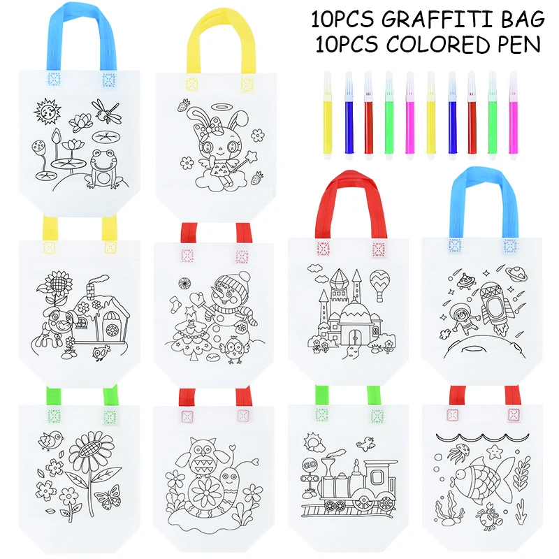 

10pcs Double Sided Graffiti Bag Holiday Party Gift Bag with Watercolor Pen Birthday Gift Kids Handmade DIY Painting Colored Toys