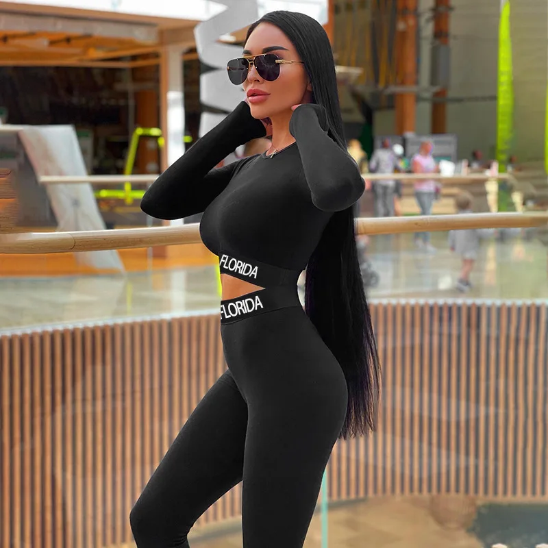 Casual Letter Print Two Piece Set Sport Tracksuit Women Long Sleeve Crop Top Sweatshirt Legging Pants Outfit Y2k Streetwear Suit