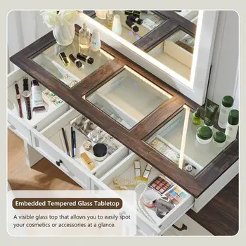 69吋寬大梳妝台,玻璃檯面,農舍風格化妝桌,帶9個大儲物抽屜,鄉村風格木質臥室梳妝台 10 最佳銷售 九抽屜櫃 - №4
