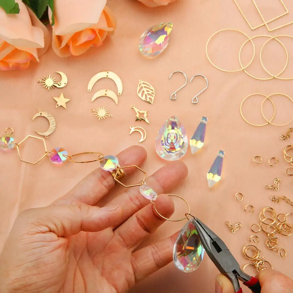 200PCS DIY Suncatcher Making Kits Crystal Prism Sun Catcher Garland Bead Chain Pendant Rainbow Maker Hanging Window Garden Decor