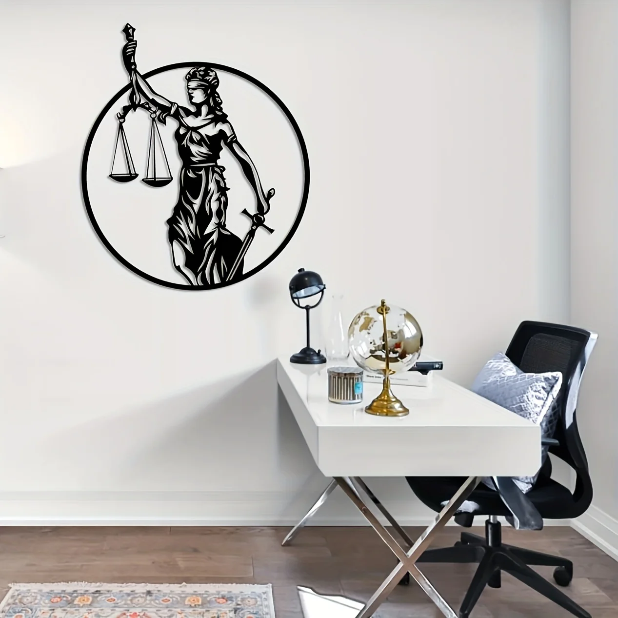 2D 1pc Justice Goddess Metal Wall Art – Vintage-Inspired Justice Figure with Scales of Justice, Sword – Elegant Metal Decor2D