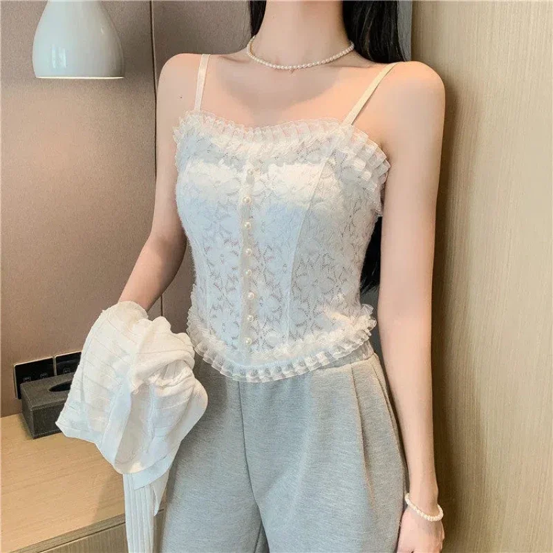 2024 Summer New Korean Sexy Sleeveless Lace Short Top Vest Retro Corset Casual Lace Vest