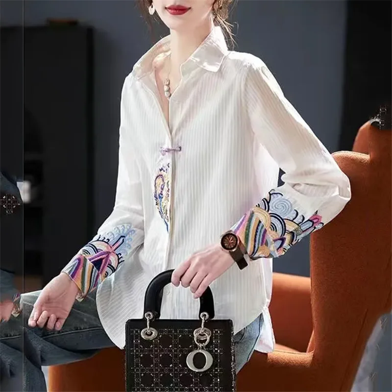 Spring Autumn New Chinese Style Shirt Women 2024 New Fashion Loose Leisure Blouse Embroidery Stripe Long Sleeve Overcoat Female