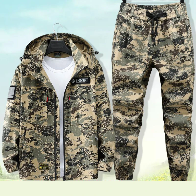 Spring And Autumn Camo Suit Set Elastic Cotton Thread Detachable Hat Work Wear Durable Men's Protective Clothing Top And Pants