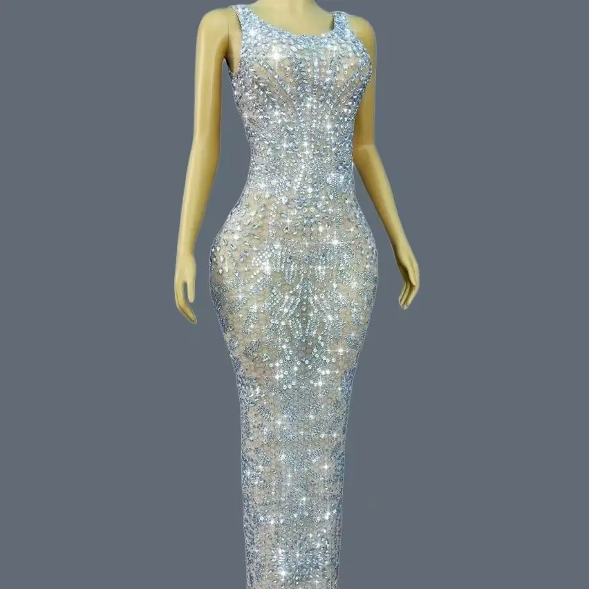 

Brilliant Full Crystals See Through Mesh Formal Evening Gown Gala Prom Red Carpet Sparkly Sexy Bandage Long Dresses Baixuehua
