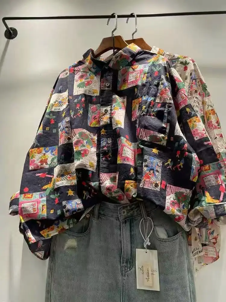 Bust 126cm Women's 100% Cotton Cartoon Print Shirt Long Sleeve Patchwork Graphic Blouse Casual Streetwear Top