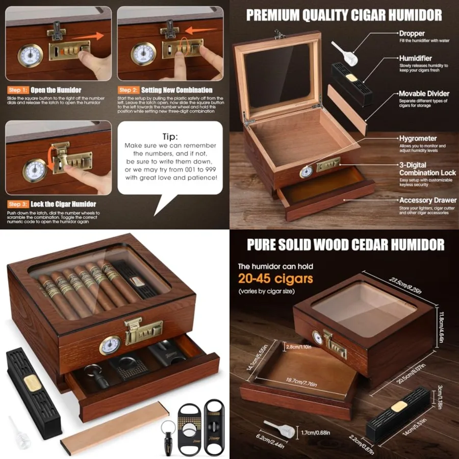 

Tesonway Cigar Humidor, Cedar Wood Humidor Cigar Box, Glass Top Desktop Humidor with Front Hygrometer, Humidifier, Divider, Acc