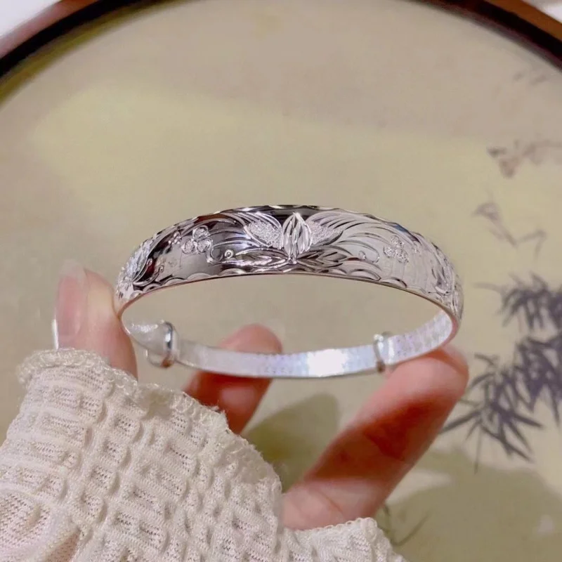 

New999Lotus Bracelet for Women Elderly Style Push-Pull Silver Jewelry Gift Mom Grandma Elder