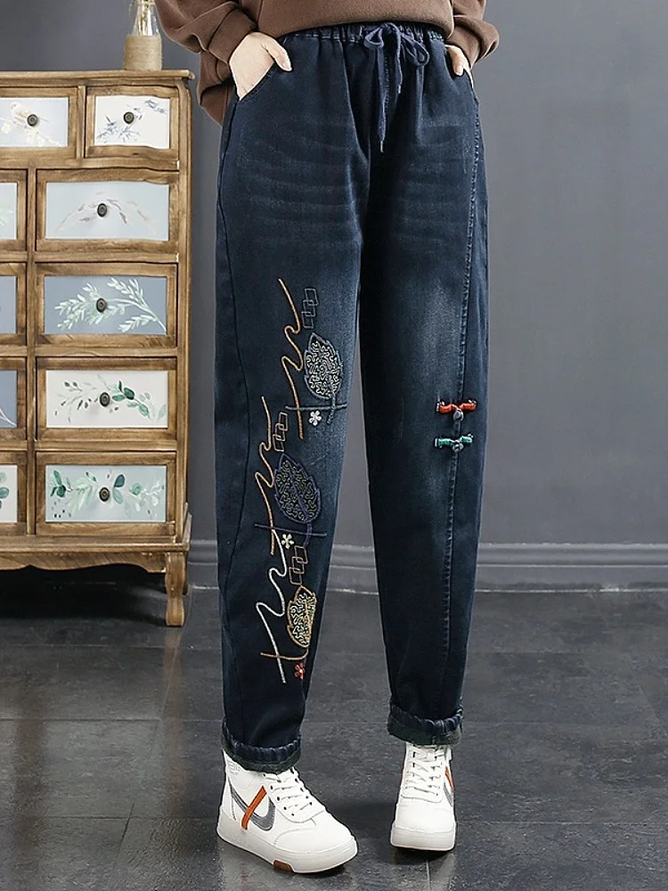 

High Waist Fce Lined Embroidered Denim Jeans Women's Autumn Winter Straight Leg Harlan Trousers Trendy Cotton Polyester Blend