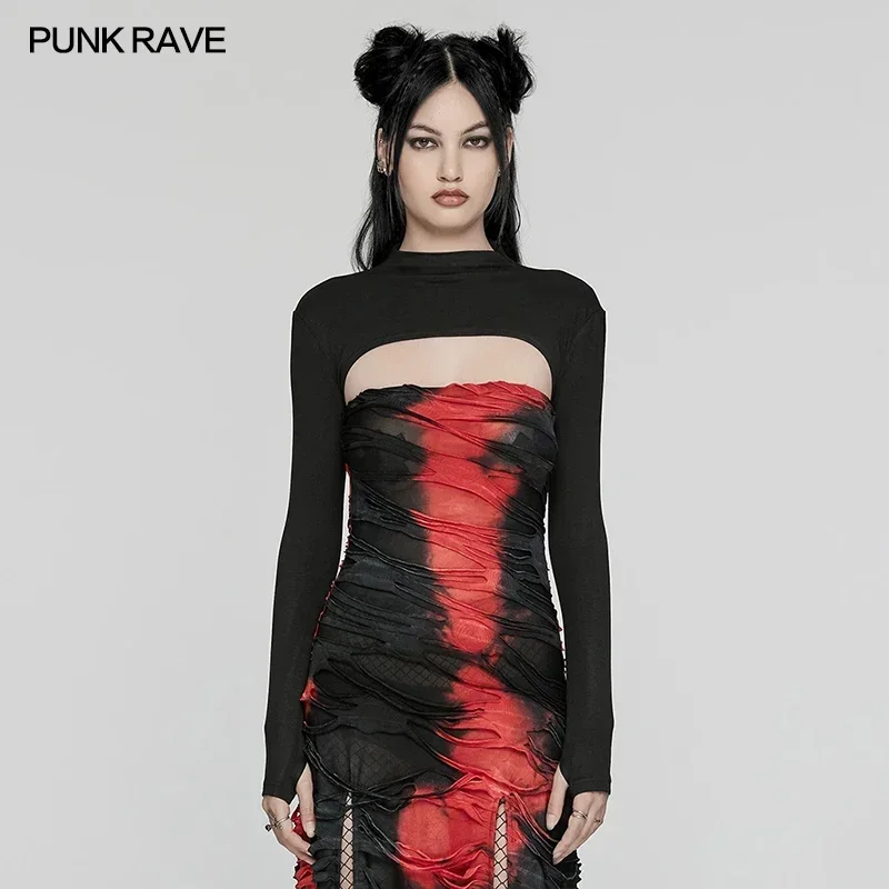

PUNK RAVE Punk Minimalist Soft Elastic Knitted Long Sleeve T-shirt Ultra Short Body Slim Finger Holes Black Tees Tops