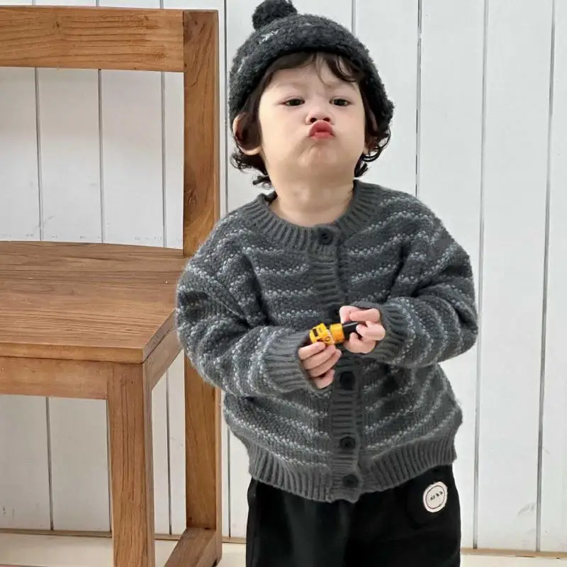 2025 Autumn New Children Long Sleeve Sweater Coat Baby Girls Knitted Cardigan Boys Striped Jacket Infant Toddler Cotton Clothes