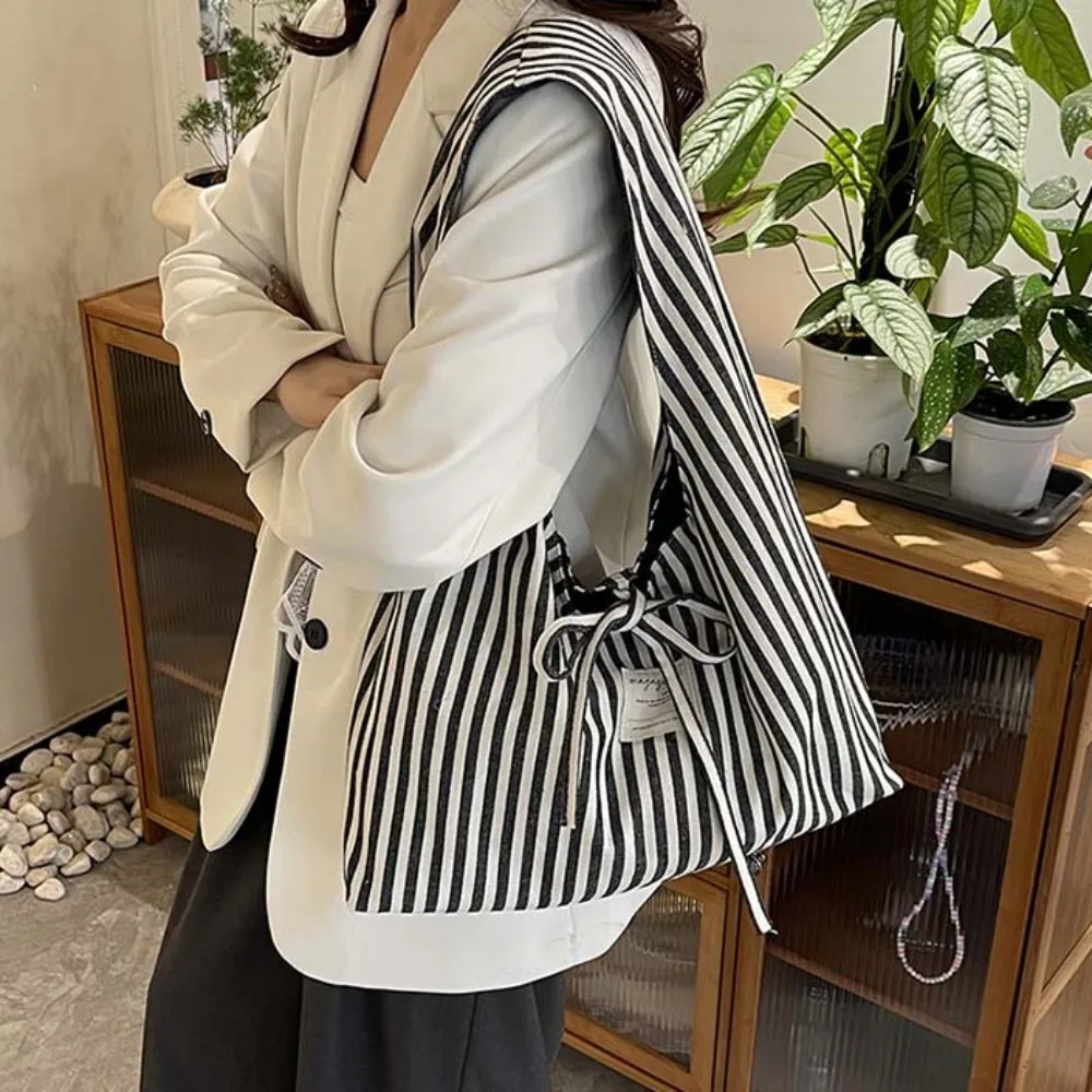 

Casual Sweet Double-sided Shoulder Pouch Contrast Color Bow Stripe Cloth Vest Pouch Lightweight Versatile Women Tote Bag Daily