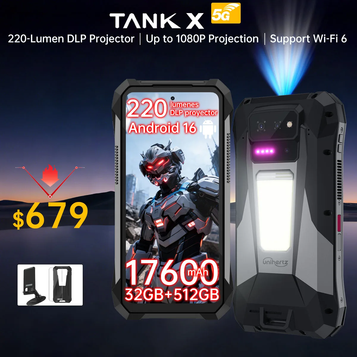 World Premiere】Unihertz by 8849 TANK X Rugged Phone 5G Android 15 Built-in 1080P 220 Lumen Projection 17600mAh Battery 32+512GB