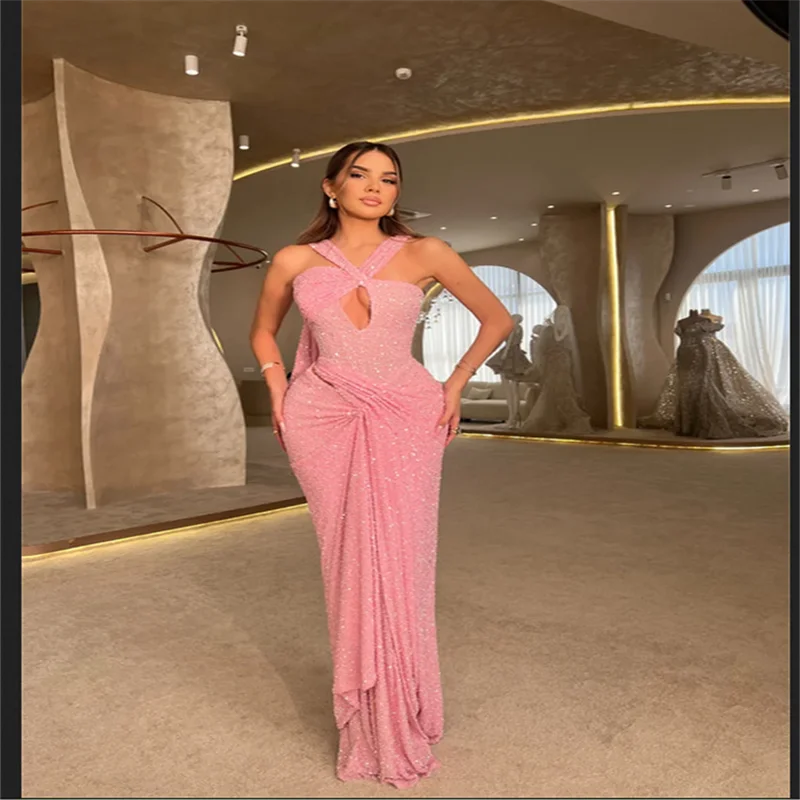 

Customized Pink Mermaid Shiny Sequins Prom Dresses Halter Neck Sleeveless vestidos de noiva Cut-Out Draped Formal Evening