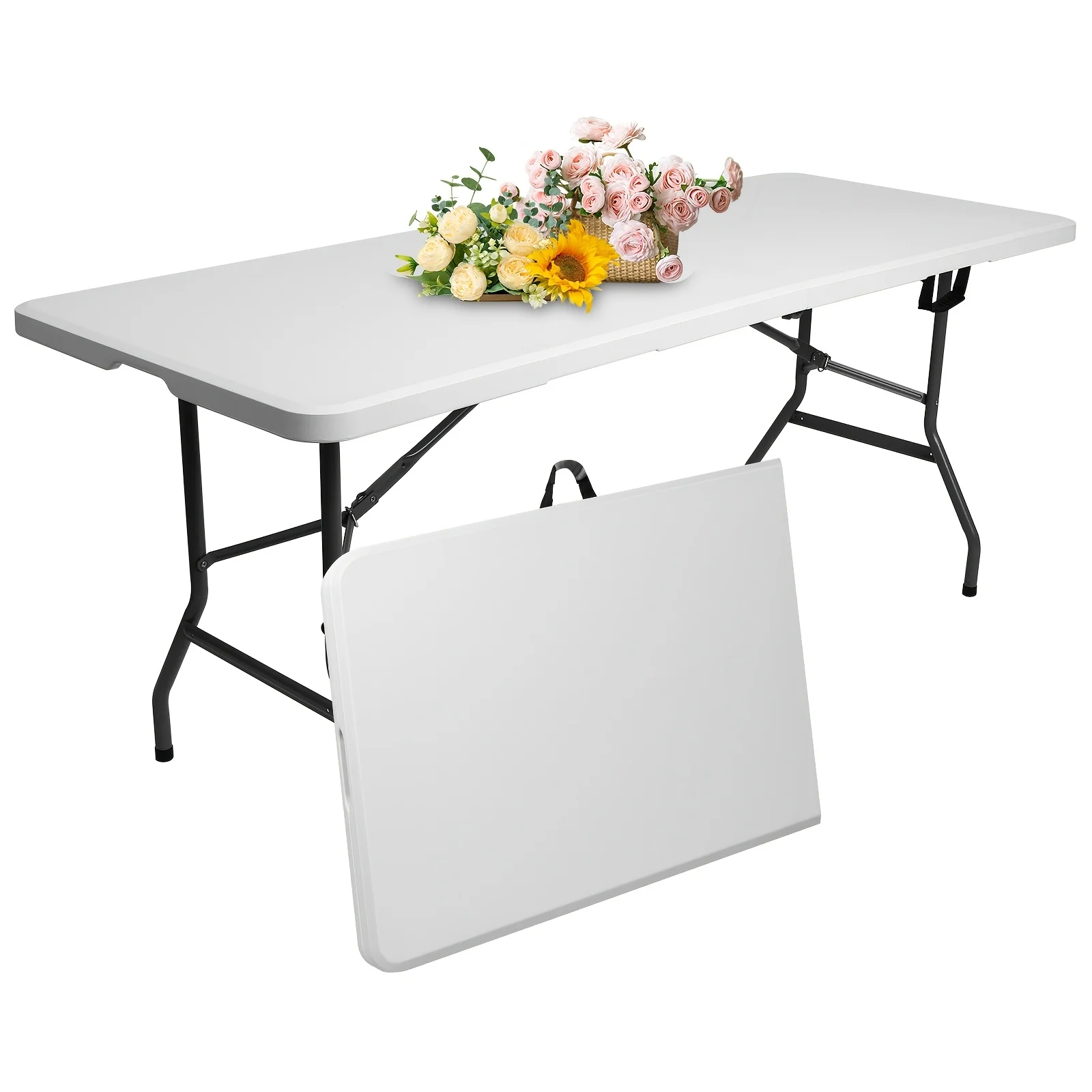 

4 FEET/ 6FEET Plastic Barbecue Folding Table, Rectangular Center-Folding Portable Table with Carrying Handle - White