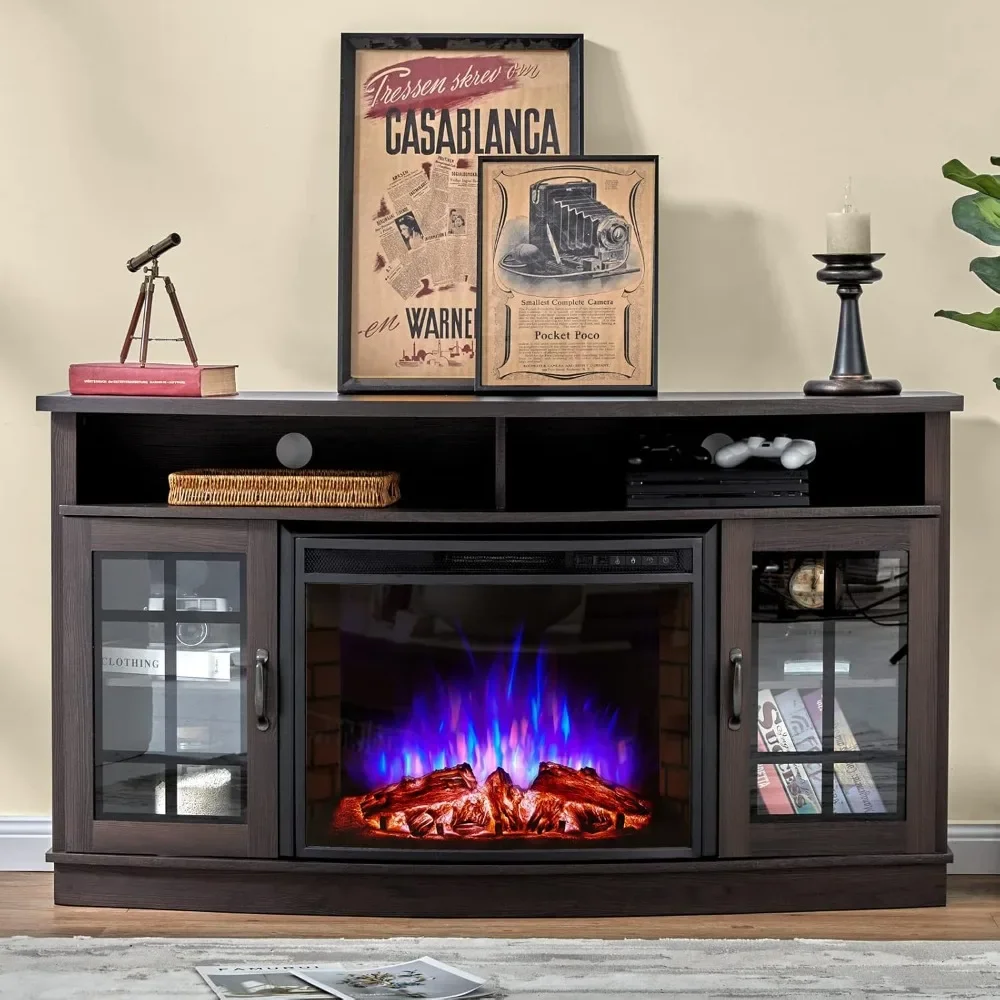 

Curved Fireplace TV Stand with 26'' Electric Fireplace, Media Entertainment Center Farmhouse Glass Door Storage Cabinet