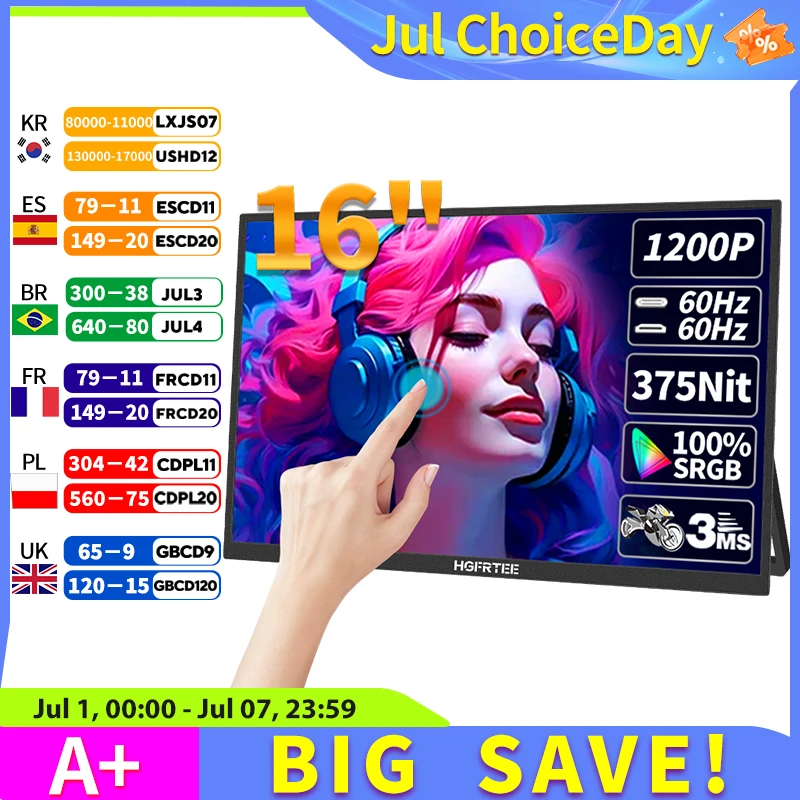 Monitor portátil táctil HGFRTEE de 16 pulgadas, 100% sRGB, 350Cd/m², segunda pantalla externa para pantalla de portátil, táctil/no táctil opcional
