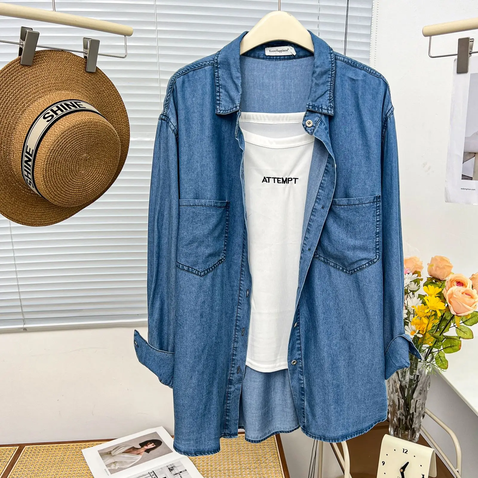 Simple Mid-length Lyocell Denim Shirt Women Plus Size Autumn Winter Casual Clothing Drop Sleeve Blouses Tops E21 K388