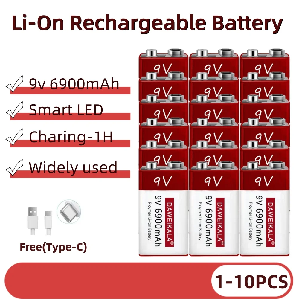 

New 9V 6900mah lithium ion rechargeable battery type-C USB multimeter lithium microphone metal detector + cable