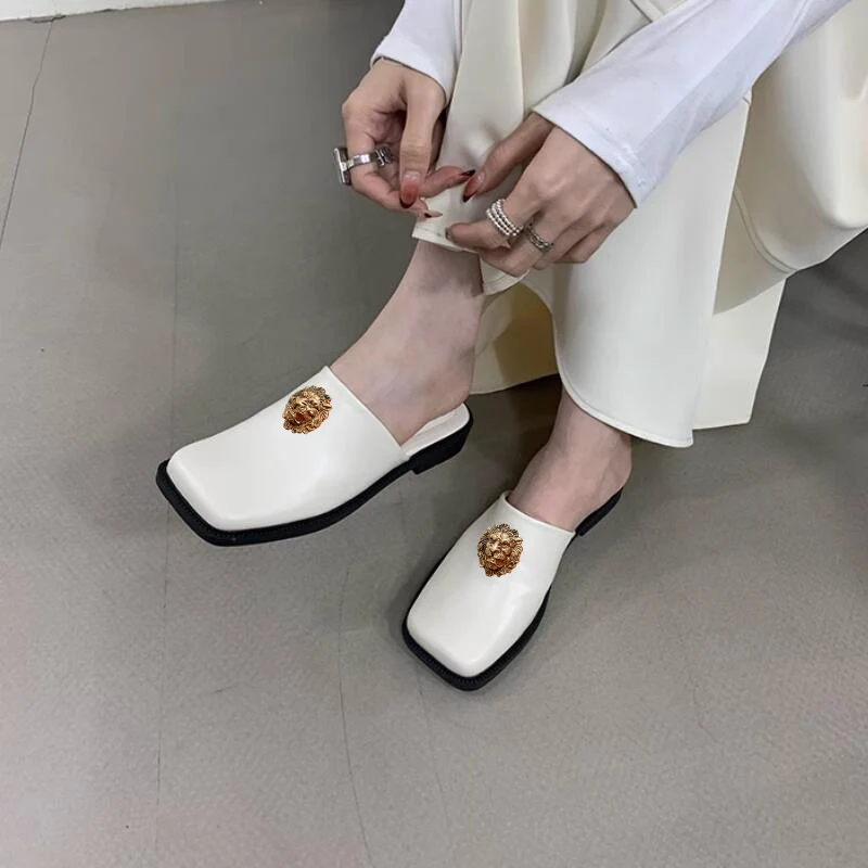 Baotou Setengah Sandal Wanita Baru Perancis Vintage Sepatu Kulit Kecil Kepala Persegi Sepatu Tunggal Datar Lembut Sol Sepatu Muller 37