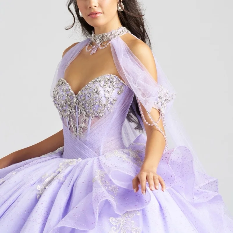 

Лавандово-фиолетовое платье Quinceanera с кристаллами и блестящей наклейкой с открытыми плечами, 3D цветком, длинным хвостом, Vestidos De 15, Quinceanera ﻿ Настроить