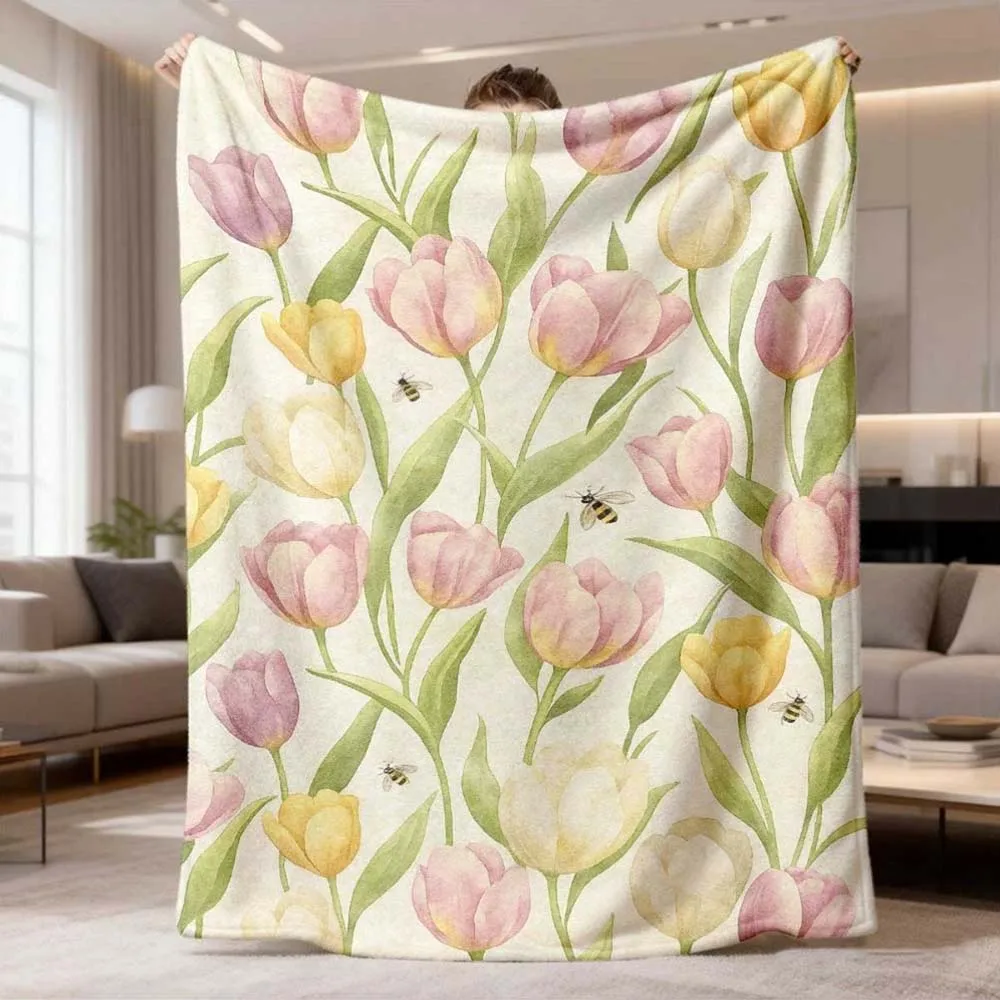 1pc Watercolor Tulip and Bee Floral Fleece Blanket Soft Cozy Spring Home Throw Blanket for Couch Bed Living Room
