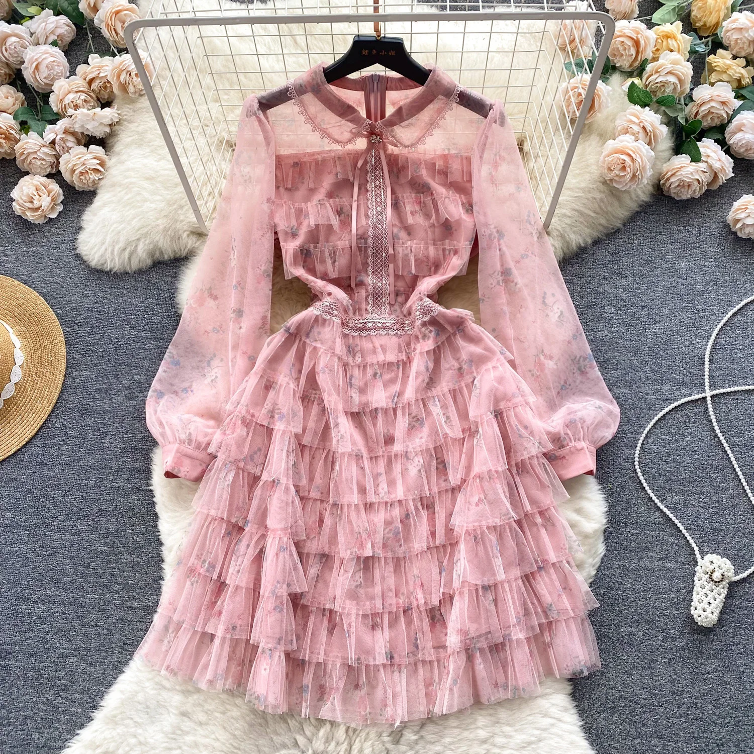 Elegant Rhinestone Vintage O-neck Chic Lace Spliced Ball Gown Slim Fairycore Dresses Women Evening High Street Autumn Clothing