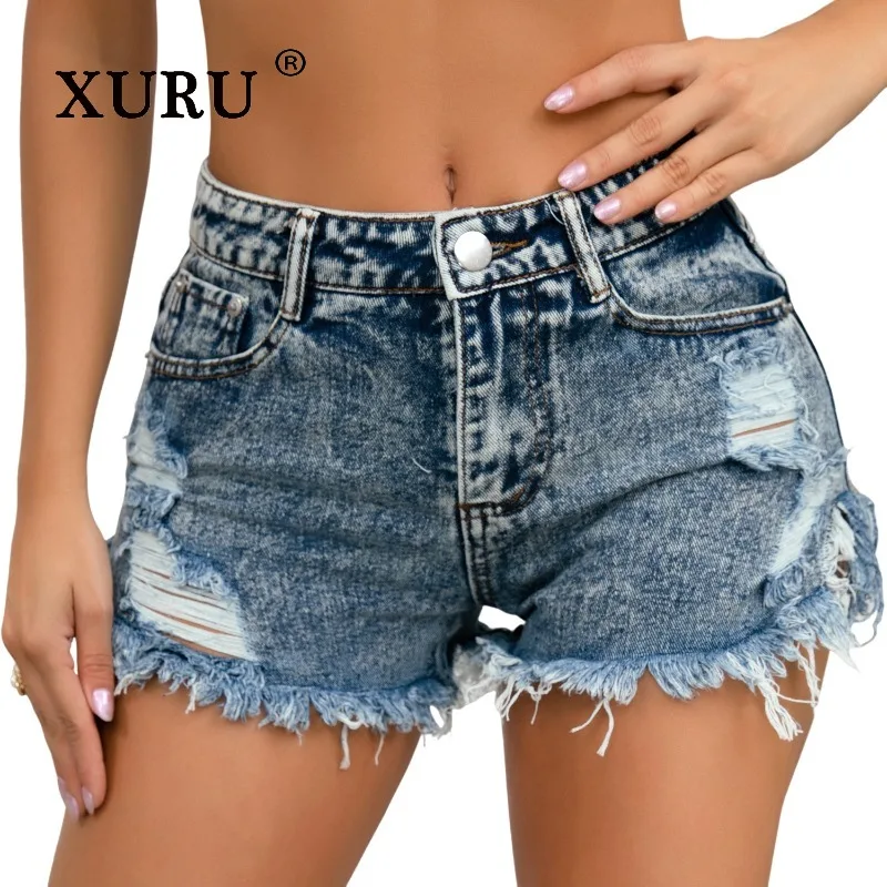 

XURU - New Women's Sexy Jeans, High Waist Summer Plus Size Blue Pierced Cowboy Shorts