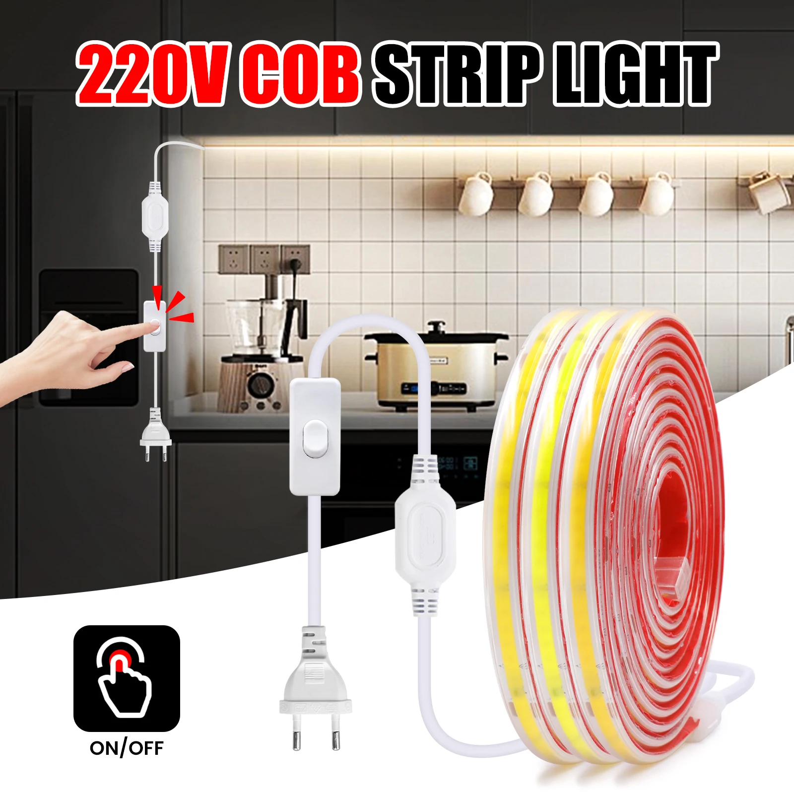 Imagem -06 - Impermeável Home Decor Cob Strip Fita Auto-adesiva Fita Flexível Stripe Chain Light com ue e uk Plug ac 220v 3000k 4000k 6000k