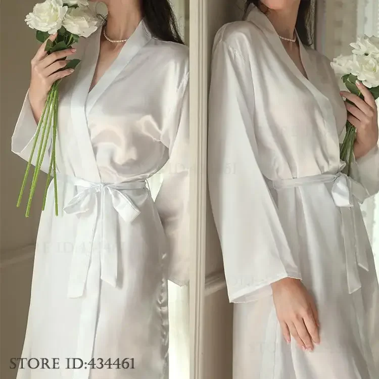 White Silk Satin Bride Bridesmaid Wedding Robe Dress Women's Sleepwear Long Kimono Bathrobe Gown Sexy Loose Home Wear Loungewear