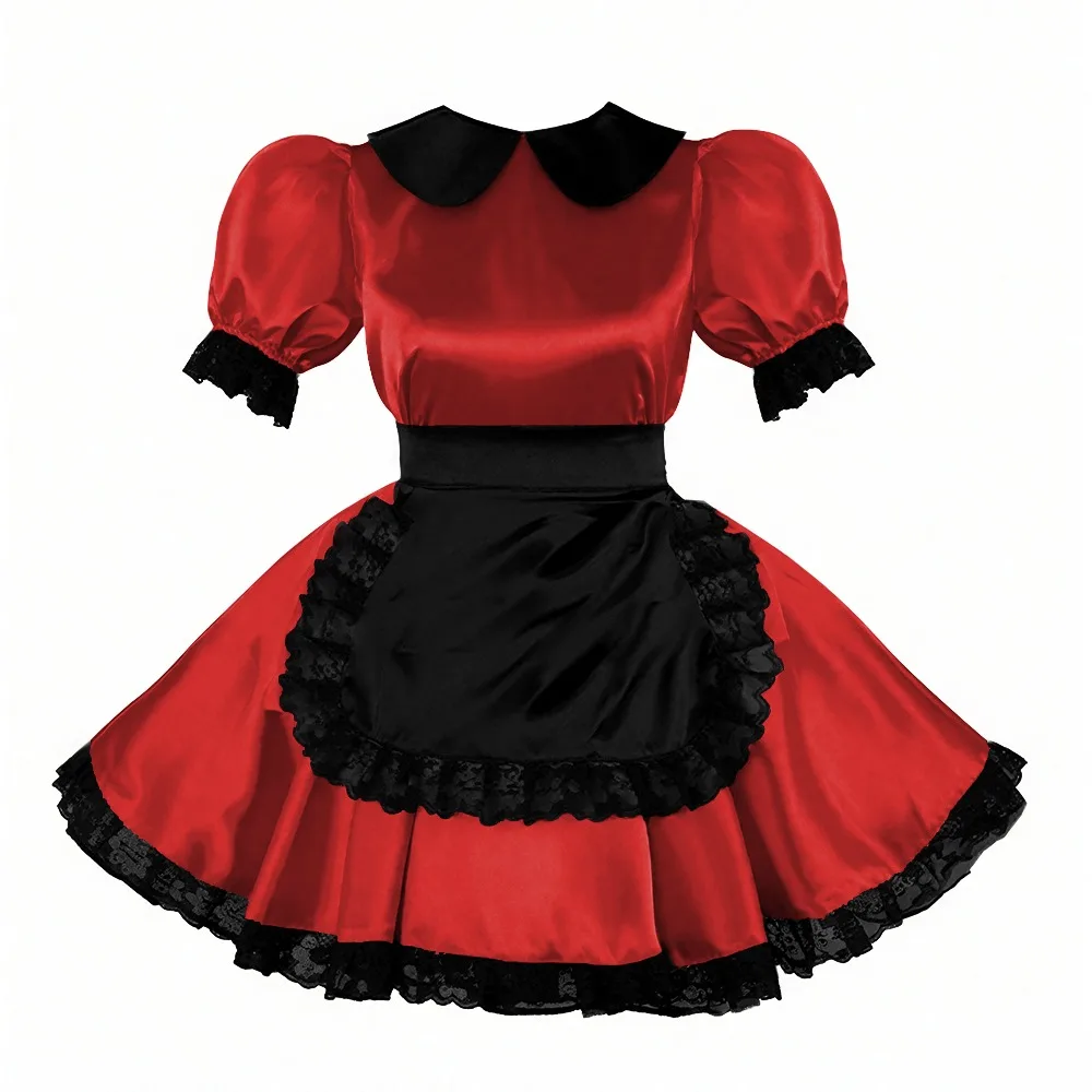 

Sweet Peter Pant Collar Satin Maid Dress with Lace Trims Halloween Maid Cosplay Costume Cross-dresser Fancy Servant Uniform 7XL
