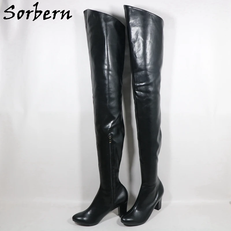 Sorbern Black Matte Mid Thigh High Women Boots Low High Heel Round Toe Zipper Up Shoes Chunky Heeled Custom Plus Size 47 48