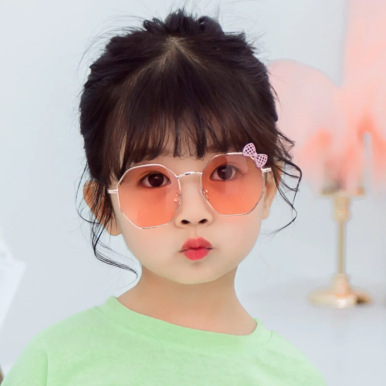 Trendy Fashion Boys and Girls Bow Metal Sunglasses B010 Polygon Trend Children\'s Sun Glasses Kids Outdoor UV400 Eyewear