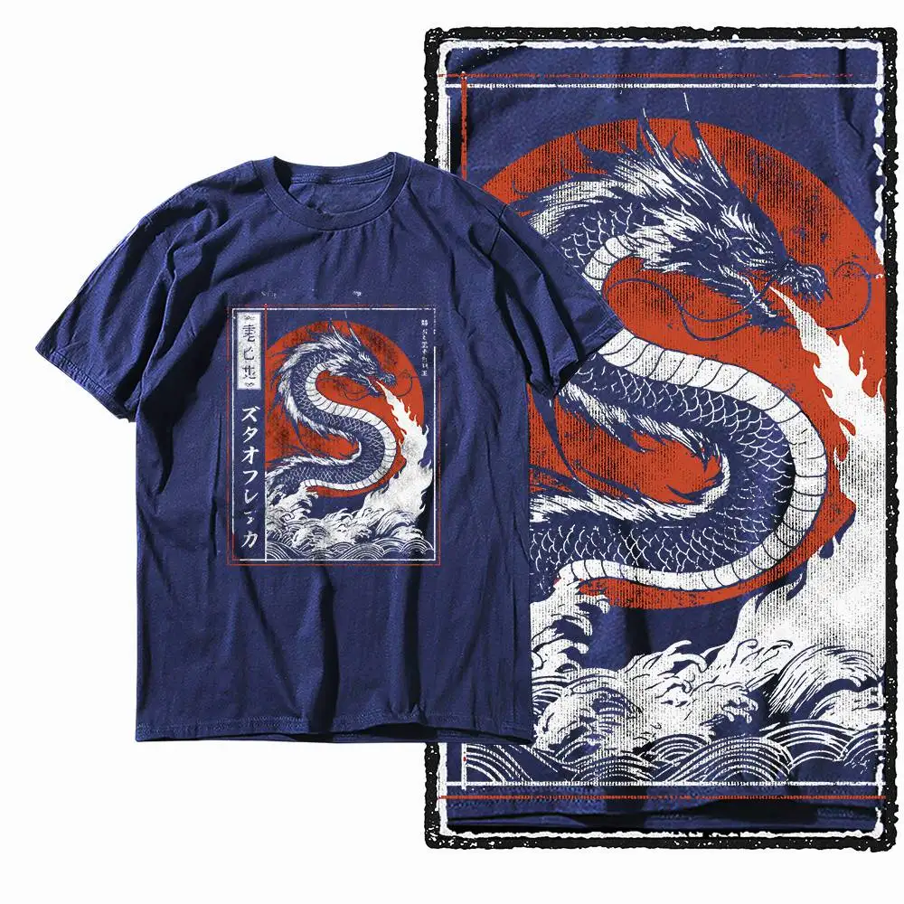 G28 NAVY Cotton Men's Big Size Dragon Graphic T-shirt | Streetwear Cool Vintage O-neck Men's Tee Tshirt