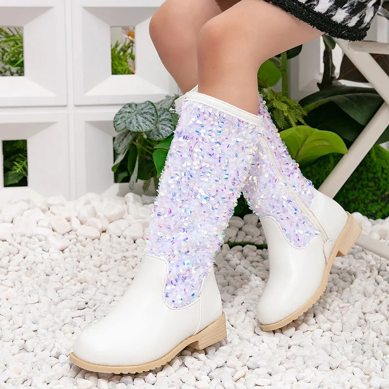 

Toddler Children Snow Boots Girls Mid Calf Round Toe Glitter Boots Little Kids Big Kids Riding Girls Boots Size 25-35 CSH1601