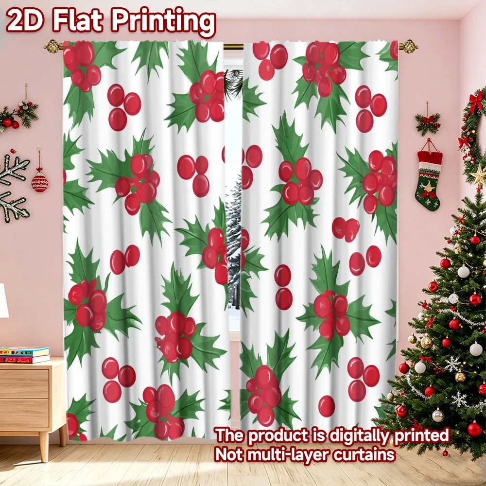 2D flat printing 2pcs Classic Christmas Curtains Christmas Holly and Berries Beautiful and stylish, 100% polyester fiber Festive