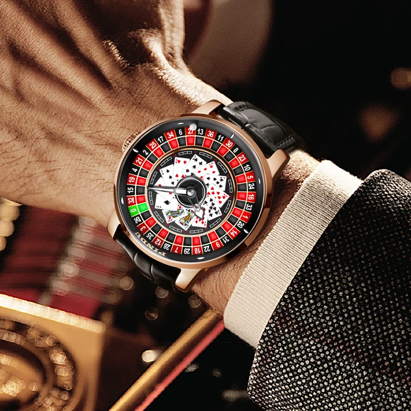 PINDU Design New Mechanical Watch NH35 Rotating Dial Las Vegas Roulette Desktop Theme Automatic Watch Men Texas Hold'em dial