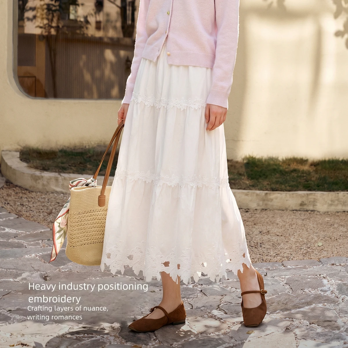 OLrain embroidered skirt women's clothing 2026 autumn and winter new white elastic waist hollow lace straight skirt O58QB011859