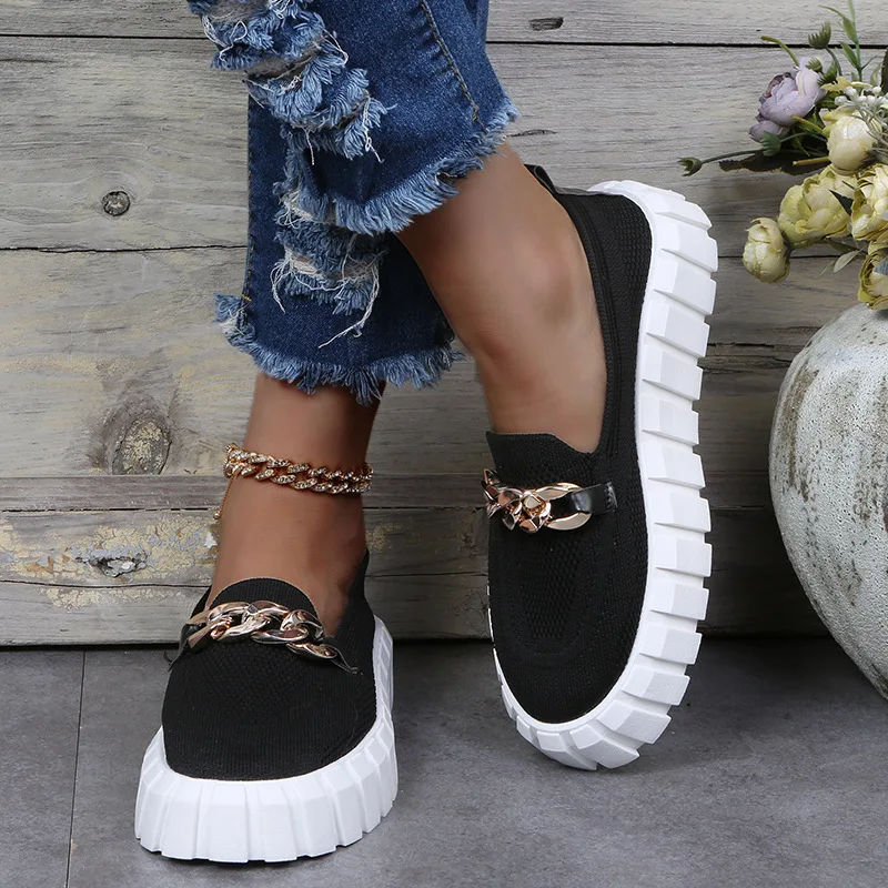 Spring Autumn Large Size 36-43 Women\'s Shoes Casual Metal Chain Muffin Bottom Breathable Mesh Thick Sole Shoes Tenis De Mujer